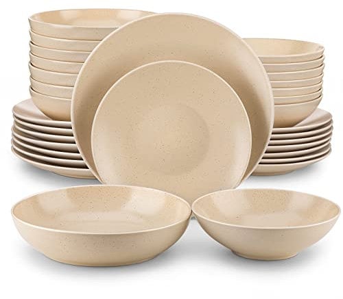 vancasso Sabine Stoneware Dinner Sets- Semimatte Sesame Glaze Crockery - 32 Pieces Dinner Service Set for 8, Include Dinner Plate, Dessert Plate, Pasta Bowl and Cereal Bowl, Beige
