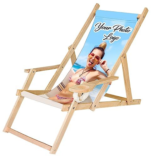 Ferocity Holz-Liegestuhl Klappbar Klappliegestuhl mit Armlehne und Getränkehalter Strandstuhl Motiv Bedrucken Weiß Dein Photo Logo [119]