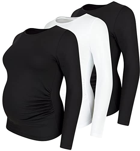 M.M.C. Umstandsshirt 3er Set unifarben Umstandsmode Schwangerschaft Schwangerschaftsshirt, Langarm (2 Schwarz, 1 Weiß, Small)