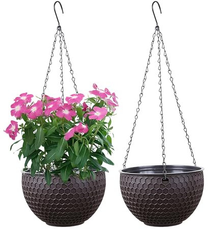 YuanDiann Hängende Blumentöpfe 2er Set, Selbstbewässerung Hängepflanztöpfe mit Wasserspeicher & Ablaufloch Bienenwabe Blumenampel mit Rostfrei Ketten für Innen Außen Decken Balkone Deko Braun M