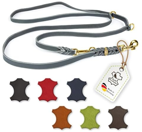 CopcoPet Hundeleine Leder 3-Fach verstellbar, Umhängeleine für große Hunde, Fettlederleine Hund geflochten, Leichte Führleine & Übungsleine, ideal für Spaziergang, 3,50m x 18mm Grau