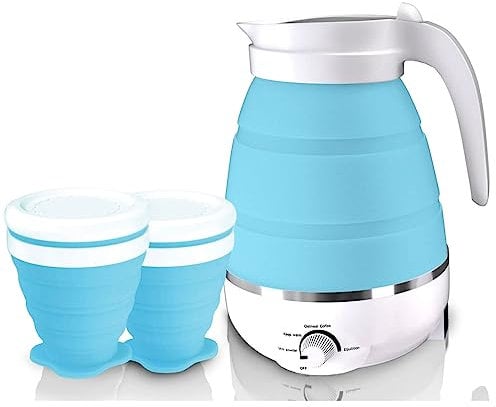 Bollitore Pieghevole in Silicone, 0,6 L, Bollitore Elettrico da Viaggio con 2 Tazze Pieghevoli, 850W Bollitore da Campeggio con Impostazioni Multiple per Scaldabagno, Latte, Caffè (Blue)