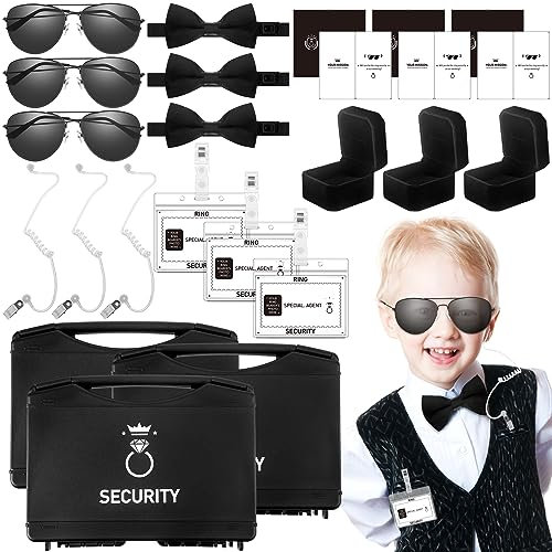 Mepase 24-teiliges Ring-Sicherheitsset, Ringträgerbox, Kinder-Sonnenbrille, Fliege, Sicherheits-Ohrstück, Ausweishalter mit Ausweis, Aufgabenkarte, Hochzeitskoffer für Agenten Antragsgeschenk,