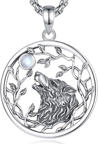 INFUSEU Wolf Kette, 925 Sterling Silber Tierliebhaber Anhänger Schmuck Wikinger Halskette Wolf Totem Amulett Mondstein Anhänger Odins Wölfe Medaillon Geschenke für Frauen Herren