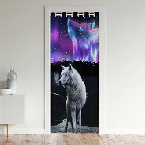 Homemissing Loup Rideau de Porte 106x203cm Wolves Howling Animaux Wolves Rideaux de Chambre Montagne Loup Rideau Occultant Galaxie Violette Noir Blanc Rideaux Exterieur d'entrée