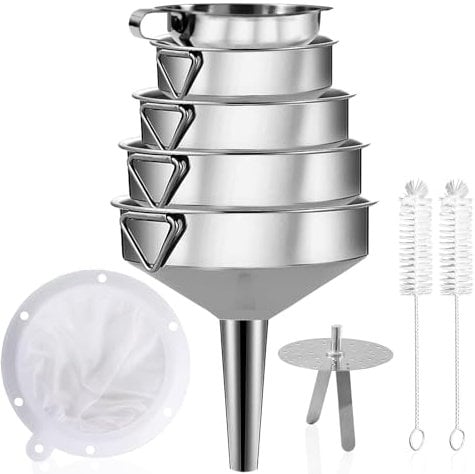 Gucass 9 Stk Edelstahl Trichter Set, Küche Trichter mit Griff, Marmeladentrichter mit Sieb, 200 Mesh Filter, Reinigungsbürste, Einfülltrichter zum Übertragen Gewürzen Flüssigkeiten Pulver Konfitüre