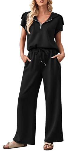 MEROKEETY Damen 2-teiliges Outfit-Set mit halbem Reißverschluss, Reverskragen, kurze Ärmel, Sweatshirt, weites Bein, Trainingsanzug Sets, Schwarz, L