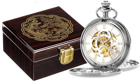 ManChDa Taschenuhren in Premium Glossy hölzernen Geschenk Box Skelett Taschenuhr und Kette Doppelte Abdeckung Mechanisch Fob Uhr mit glücklichem Drachen und Phönix Display Box Silber