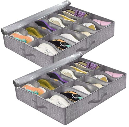 ZONJIE 2 Pack Under Bed Shoe Storage Organiser Shoe Box Fits 24 Pairs Total Wardrobe Storage Foldable Shoe Containers Reinforced Handles with Transparent Shoes Lid Underbed Storage