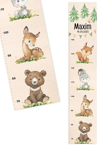 Bärenfreunde® - Personalisierte Messlatte Kind Holz zum Kleben oder Aufhängen - Skala 70-140cm - Süße Dekoration für Baby- & Kleinkinderzimmer (Kinder 70-140cm, Waldtiere übereinander)