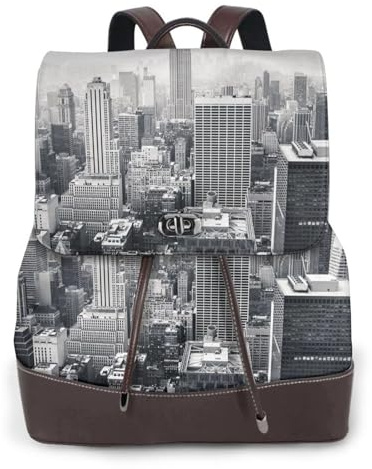 Schwarzer und weißer Rucksack mit New York-Druck, Damenrucksack, PU-Leder, Handtasche, wasserdichter Rucksack, Reiserucksack mit Klappe, Schwarz , Einheitsgröße