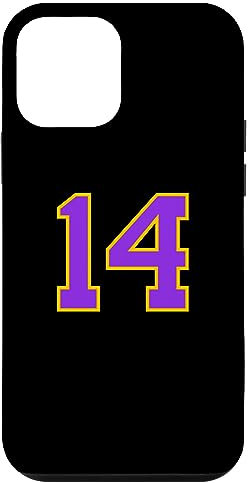 Custodia per iPhone 12 mini Numero n. 14 Numero universitario giallo viola sportivo