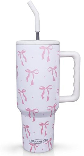 Bow Tumbler, Bow Cup 40oz with Handle and Straw Lid Gifts for Women Girls Birthday Christmas Double Insulated Cup Travel Coffee Mug