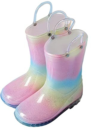 Boots Kinder Winter Regenstiefel für mit Glitzerlicht für Mädchen, Regenbogen-Regenschuhe und einfarbige Stiefel mit einfach anzubringenden Griffen 36 Junge
