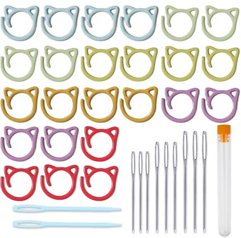 Glamifyr 24 Maschenmarkierer Stricken, 6 Farben Maschenmarkierer Häkeln Stitch Marker, Häkelzubehör mit 9 Großäugigen Stumpfen Handnähnadeln und 2 Plastik großäugigen stumpfen Handnähnadeln