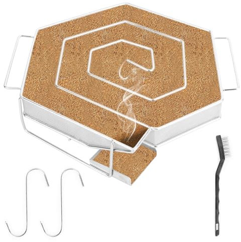 YHNDECO Hexagon Kaltrauchgenerator für Räucherofen, Prämie Edelstahl Räucherschnecke Kalträuchern mit 2 Haken und 2 Bürsten, Cold Smoker Geeignet für alle Grill-Räuchergeräte(Mehrweg, 21x18x4cm)