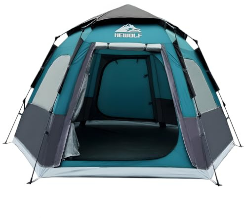 Hewolf Campingzelt für 2/3/4 Personen – sofortiges Pop-Up-Zelt mit 2 Türen, mit einfachem Aufbau, sechseckiges Kuppeldesign für Familie, Wandern und Reisen (blau)