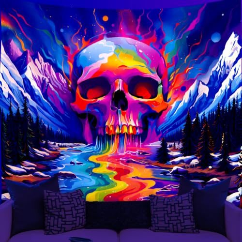 WEBEEDY Schwarzlicht Totenkopf Wandteppich UV Reaktiv Neon Fluss Durch Berg Leuchtende Poster Wald Wandbehang Ästhetischer Wandteppich Poster Für Die Heimdekoration Halloween(150x130cm)