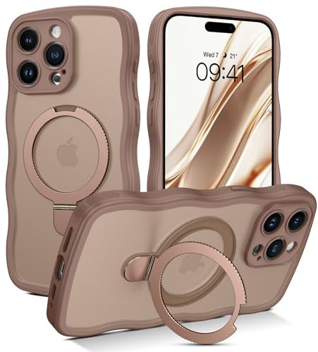 GUAGUA Magnetic for iPhone 15 Pro Max Case with Invisible Stand [Compatible with MagSafe] [Military Grade Drop Protection] Cute Curly Wavy Phone Case Frosted Slim Shockproof Cover, Desert Titanium