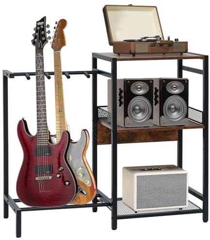 Awhtixbo Gitarrenständer, Gitarrenständer für mehrere Gitarren bis zu 3, 3-stöckiger Vinyl-Schallplattenspielerständer, Rack für Akustik, Bass, Ukulele, Verstärker, Plattenspieler für Heimmusikstudio