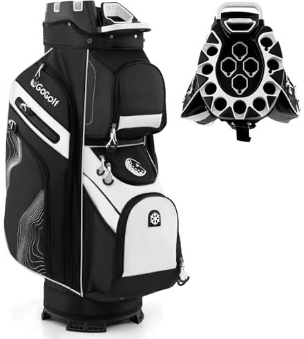 COSTWAY Sac de Golf avec 14 Compartiments, Sac de Club de Golf Portable avec Fermeture à Glissière 11 Poches Sac Isotherme Sangle Rembourrée Poignées Porte-Parapluie Housse de Pluie (Noir+Blanc)