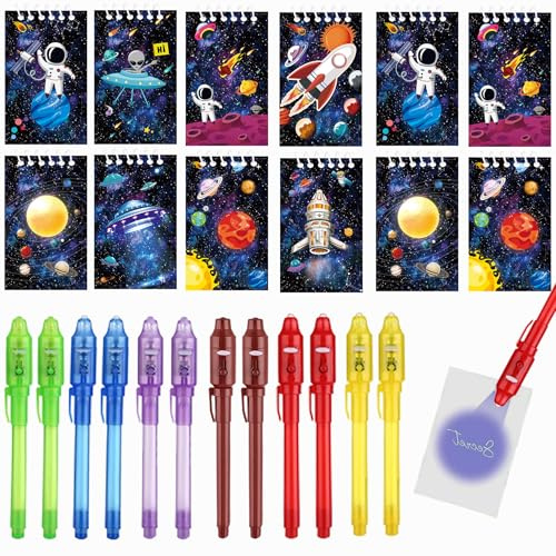 Jiaoohoo Weltraum Mitgebsel Kindergeburtstag,12 Notizbuch und 12 UV Stift,Astronauten Geschenk für Kindergeburtstag,Schatzsuche und Mitgebsel mit Geheimschrift Funktion,Geburtstagsdeko Astronaut