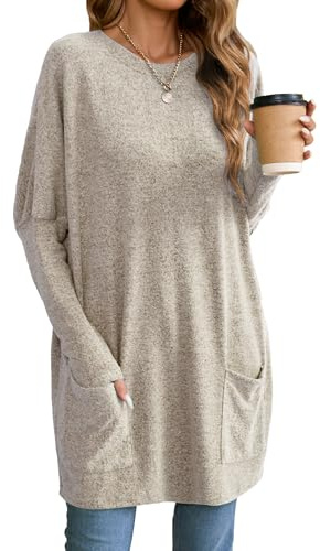 Famulily Ladies Long Sleeve Tunic Tops Crew Neck Blouses Dressy Loose Fit Lightweight Fall Winter Jumpers Khaki XL