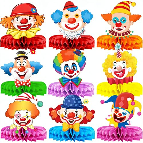 Fasching Clown Honeycomb Deko, 9 Stück Tischdeko Zirkus Deko | Bunte Party Karneval 3D Wabenbälle Tischdekoration für Faschingsdeko Karnevalsparty