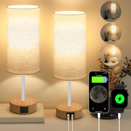 Nachttischlampe Touch Dimmbar 2er Set, Tischlampe mit USB A+C Ladefunktion | Leinen-Lampenschirm, Holzsockel, Kleine Lampe für Nachttisch Schlafzimmer Wohnzimmer Kinderzimmer (LED-Birne Inklusive)