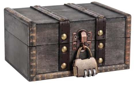 Schatztruhe Holz, Vintage Schatzkiste mit Zahlenschloss(15x12x8cm, Grau) | Schatztruhe Box mit Zahlenschloss Klein Piratenschatztruhe für Aufbewahrung Dekoration & Sparschwein
