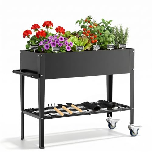Thalyrnn Jardinera Elevada de Metal con Ruedas y Estante, 111 x 57 x 79 cm | Jardinera de jardín con inserción, agujeros de drenaje y herramientas, jardinera de verduras, macetero para hierbas y balcón