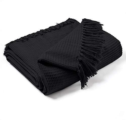 EHC Waffle Cotton Woven King Size Sofa Throw 3 Seater Sofa/Chair/Double Bed, 228 x 254 cm, Black