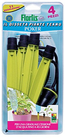 Flortis Disseta Piante Tekno Poker 4 pezzi. Irrigazione piante fino 45 gg. Riserva acqua per piante in vaso e fiori. Irrigazione automatica in vacanza. Interno ed esterno. Innaffiatura graduale.