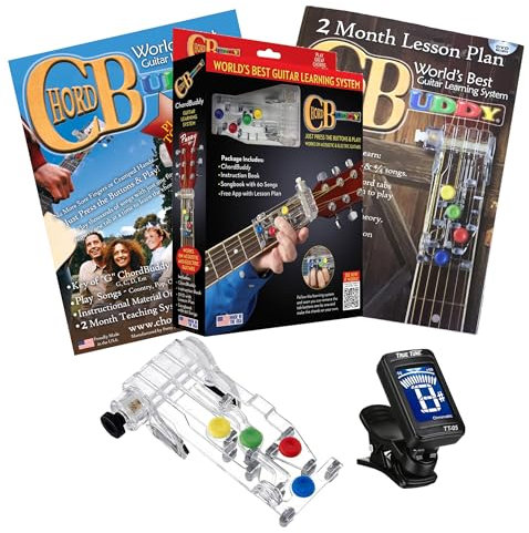 ChordBuddy Gitarren-Lernsystem, Lehrhilfe mit Unterrichtsplan, Songbook & App-Tuner, USA Made Chord Buddy mit True Tune Chromatisches Stimmgerät – Rechtshänder