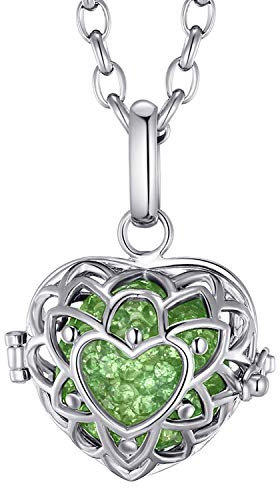 Morella Damen Halskette Edelstahl 70 cm mit Herzform Anhänger und Klangkugel Zirkonia grün Ø 16 mm in Schmuckbeutel