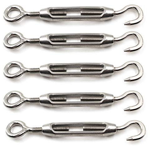 M6 304 Stainless Steel Hook & Eye Heavy Duty Turnbuckle Wire Rope Tension For Wire Rope Cable Pack Of 5