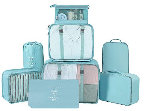 Belsmi Reise Kleidertaschen Set 8-teilig Reisetasche in Koffer Reisegepäck Organizer Kompression Taschen Kofferorganizer Mit Schuhbeutel (Stil A - Blau)