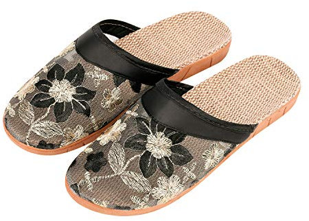 Sabots Mules Jardin Femmes Dames Pantoufles Bureau Maison Intérieur en Lin Chaussons Eté Respirant Chaussures de Plage Piscine Antidérapant Brodé Fleur Espadrilles Plats Confortable