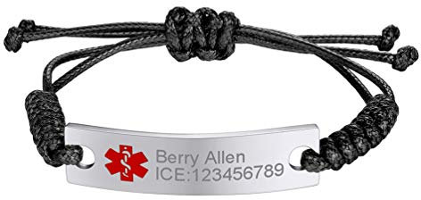 PROSTEEL personalisiert Medical Alert Armband Nylon Geflochtenen Surferarmband Edelstahl ID Platte SOS Notfall Name Texte Gravur Armschmuck Geburtstag für Männer Frauen(Silber)