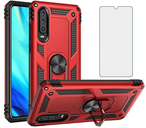 Asuwish Handyhülle für Huawei P30 Hülle mit Glas Folie Schutzfolie und Magnetisch Ring Ständer Handyhüllen Schutzglas Panzerfolie Hawaii P 30 ELE-L29 Slim Handy Hüllen Schutzhülle Phone Case Rot