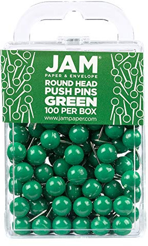 JAM PAPER Colorful Push Pins - Round Head Map Thumb Tacks - Green Pushpins - 100/Pack
