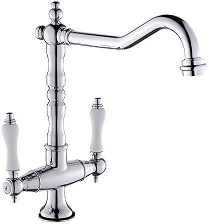 Traditional Kitchen Sink Mixer Tap Double Handle Solid Brass Kitchen Tap Antique Chrome Brass Georgian Classic Faucet (Chrome)