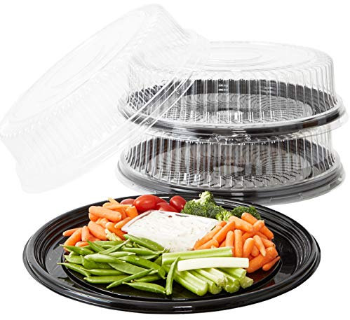 Bandeja y tapa para servir resistentes y reciclables de 16 pulgadas, paquete de 3 unidades, platos grandes de plástico negro con tapas transparentes. Elegantes bandejas redondas para banquetes o