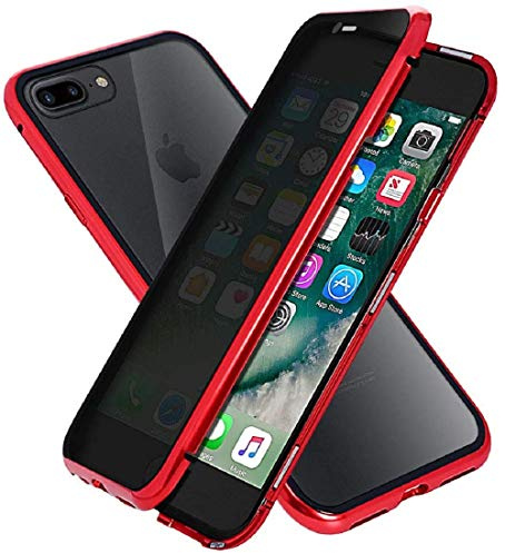 Anti-peep Magnetische Adsorption Hülle für iPhone 7 Plus/ 8 Plus Anti-Spy Handyhülle 360 Grad Metall Case Privat Screen Schutz doppelseitige Gehärtetes Glas Schutzhülle Anti-Spähen Flip Cover,Rot