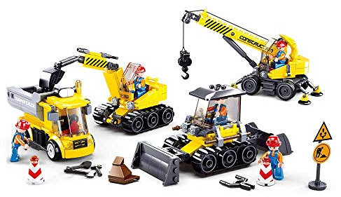 Sluban Klemmbausteine SL95680, Baustellenfahrzeuge Set (465 Teile) [M38-B0810], Spielset, Klemmbausteine, Baustätte, mit Spielfigur, Baustelle, bunt