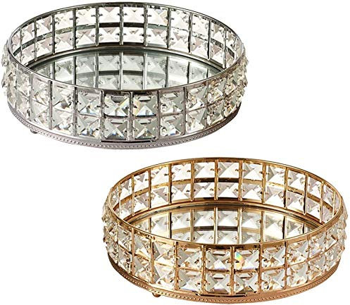 FülleMore Spiegeltablett Kristall Kosmetik Organizer Rund Kosmetiktablett Dekotablett Schmuck Organizer Aufbewahrung Tablett Kosmetik Display Badezimmertablett (Silber, 25cm)