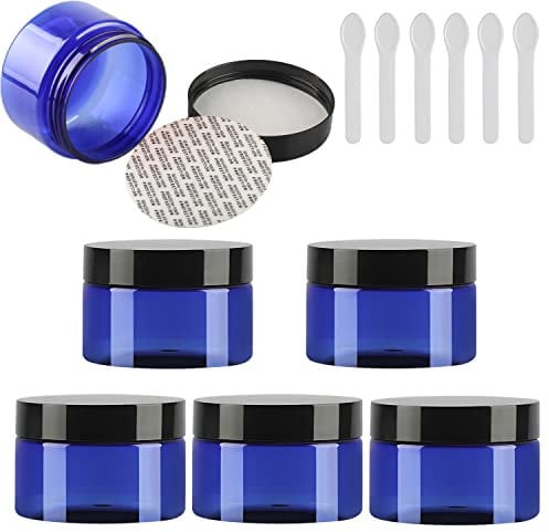 TIANZD 6 Pièces Vides Petit 150 ml Bleu Cosmétique Pot en Plastique avec Couvercle Noir 150 g Pots de Cosmétique Crème de Bouteille Contenant avec 6x Spatules