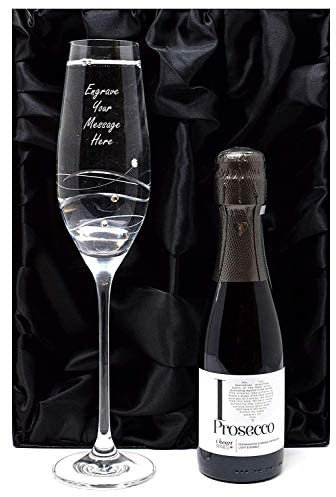 Personalised Diamante Flute Glass & Mini Bottle in Silk Lined Gift Box (Prosecco)