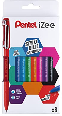 Pentel iZee BX460 Kugelschreiber, mit Metallclip, breite Spitze, 1 mm, Schwarz, Rot, Blau, Grün, Orange, Rosa, Himmelblau, Violett, 8 Stück