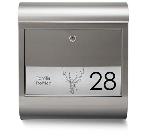banjado® Briefkasten personalisiert mit graviertem Namensschild in Silber/Briefkasten Edelstahl 38x43x12cm / Briefkasten mit Hausnummer, Namen & Motiv Sternbild Hirsch/Briefkasten mit Zeitungsfach